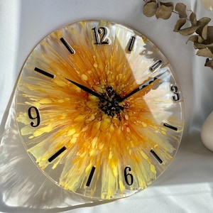 Sunflower Wall Clock Epoxy Resin – Handmade Round Clock 12” or 16”, Silent Mechanism, Custom Roman or Arabic Numbers, Yellow Flower